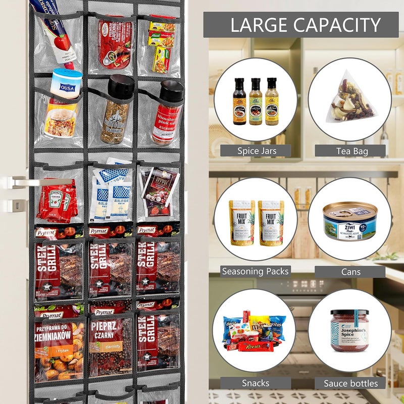 TEMUORG 2 Pack Over the Door Pantry Organizer Hanging Seasoning Packet Storage Wall Mount Spice Holder for Kitchen Snack Food Tea Bag (Grey) - Image 3